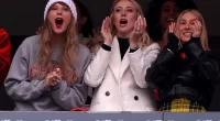 Taylor Swift, Brittany Mahomes, and Ashley Avignone cheer after a Kansas City Chiefs touchdown during the second quarter against the New England Patriots at Gillette Stadium on December 17, 2023