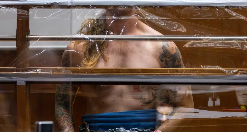 Samuel Haskell Jr made a bare-chested appearance in a Los Angeles courtroom