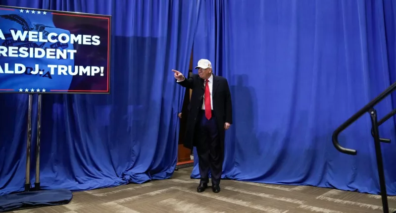 Republican presidential candidate former President Donald Trump arrives to speak at a rally at Simpson College in Indianola, Iowa, Sunday, Jan. 14, 2024. (AP Photo/Andrew Harnik)