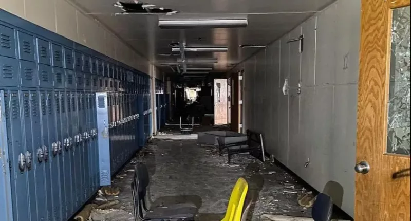 An eerie abandoned school reminds of a zombie apocalypse scene