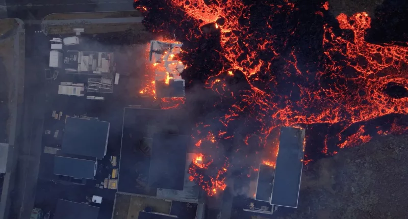 The devastating scenes of homes set ablaze by the fiery lava on Sunday