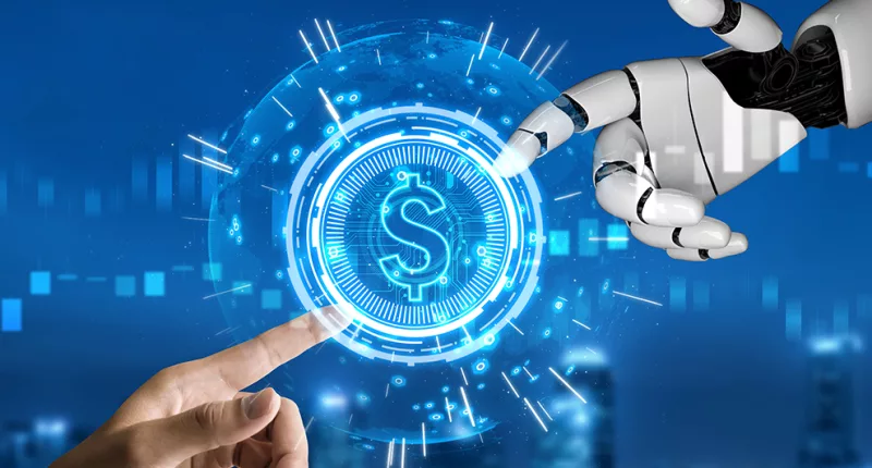 ai and human hand intersecting on finance