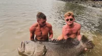 Harry Thomas (left) and Ed Hirst caught the monster fish in Port Douglas, Queensland
