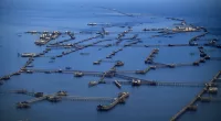 Aerial view of the 48-mile giant floating town Neft Dashlari
