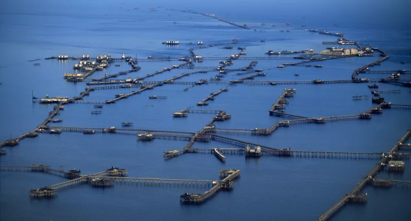 Aerial view of the 48-mile giant floating town Neft Dashlari