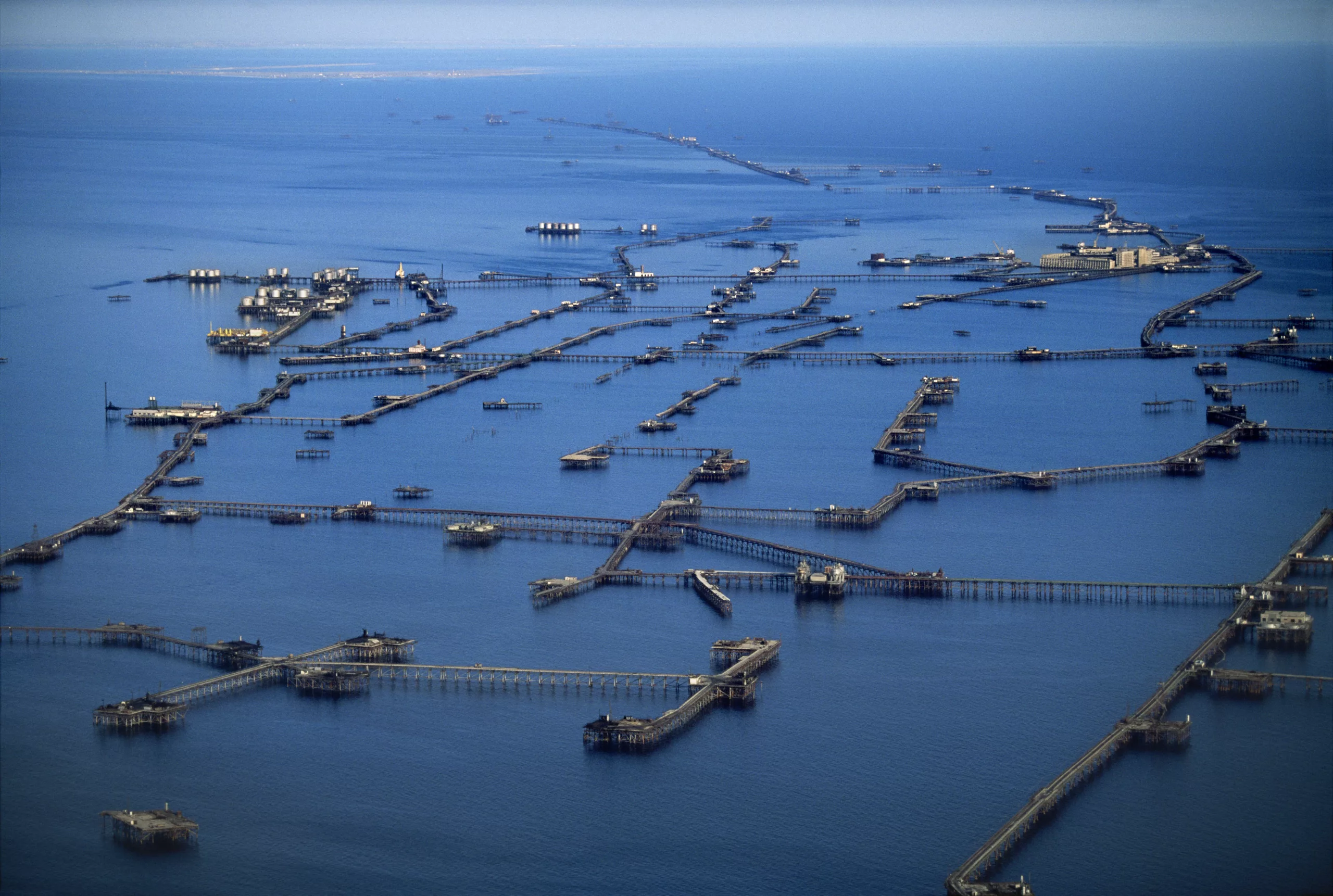 Aerial view of the 48-mile giant floating town Neft Dashlari