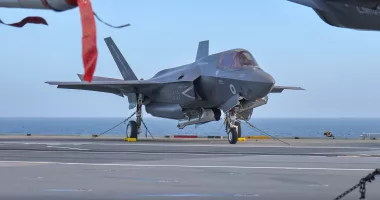 One of the F-35B Lightning jets after landing on the HMS Prince of Wales