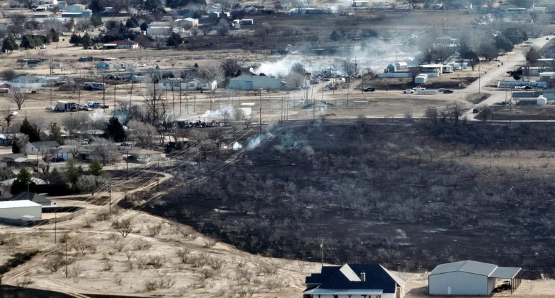 This aerial image provided by the City of Borger/Hutchinson County OEM shows property damaged from a wildfire, Wednesday, Feb. 28, 2024. (City of Borger/Hutchinson County OEM via AP)