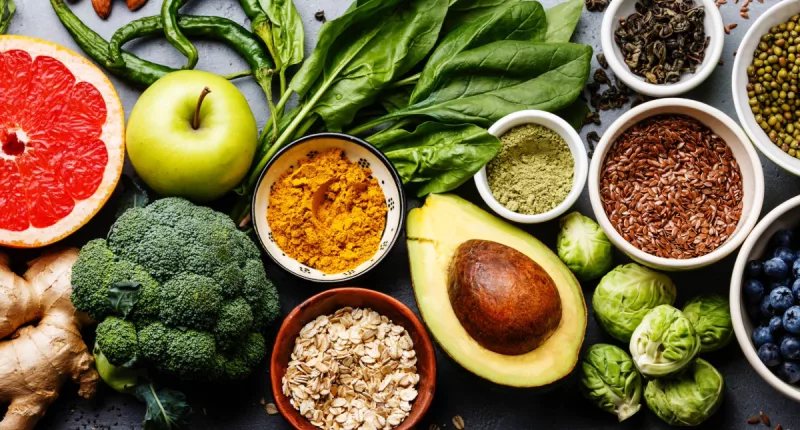 healthy diet concept with fruits and veggies