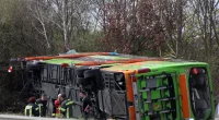 The bus flipped onto its side on the A9 motorway in Germany