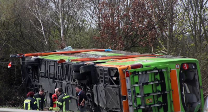 The bus flipped onto its side on the A9 motorway in Germany
