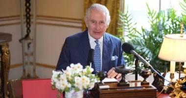 The UK's King Charles III records his audio message for the Royal Maundy Service in the 18th Century Room at Buckingham Palace in mid-March 2024