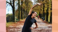 brunette, middle-aged brunette woman stretching in the park