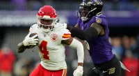 FILE - Kansas City Chiefs wide receiver Rashee Rice (4) is tackled by Baltimore Ravens linebacker Patrick Queen (6) during the first half of the AFC Championship NFL football game, Jan. 28, 2024, in Baltimore. Dallas police said Wednesday, April 10, that Rice faces charges including aggravated assault after he and another speeding driver of a sports car caused a chain-reaction crash on a Dallas highway. (AP Photo/Matt Slocum, File)