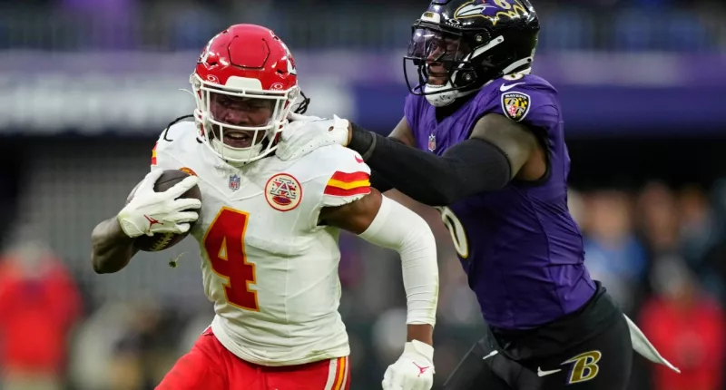 FILE - Kansas City Chiefs wide receiver Rashee Rice (4) is tackled by Baltimore Ravens linebacker Patrick Queen (6) during the first half of the AFC Championship NFL football game, Jan. 28, 2024, in Baltimore. Dallas police said Wednesday, April 10, that Rice faces charges including aggravated assault after he and another speeding driver of a sports car caused a chain-reaction crash on a Dallas highway. (AP Photo/Matt Slocum, File)