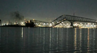The moment the Francis Scott Key Bridge came down after being hit by a container ship