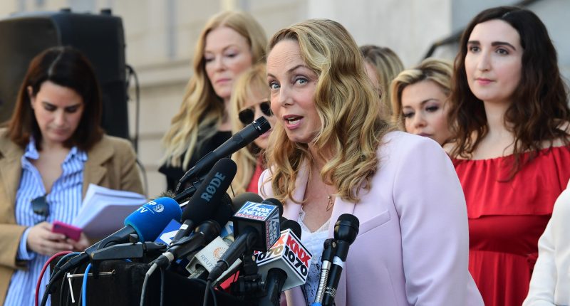Louisette Geiss, lead plaintiff in Weinstein class action suit, speaks alongside a group of Silence Breakers in 2020