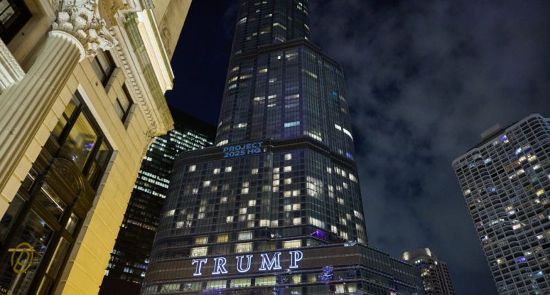 "Project 2025 HQ" projected onto the outside of the Trump Hotel before the Democratic National Convention in Chicago.