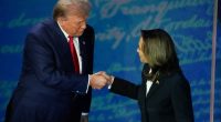 Former President Trump and Vice President Harris shake hands before the start of the ABC News presidential debate