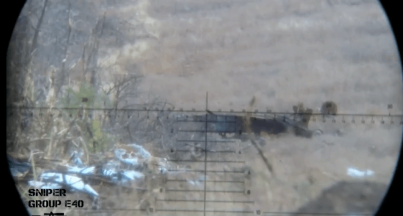 The Ukrainian sniper can be seen aiming at the Russian soldiers who were ready to blitz his position with RPGs