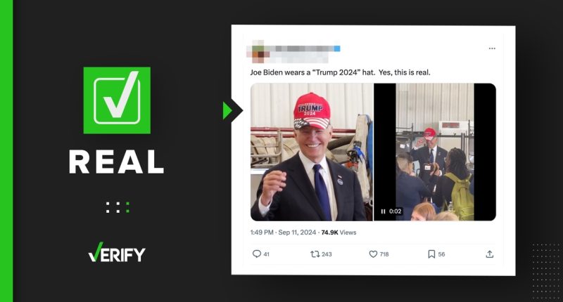 President Joe Biden did briefly wear Trump hat on Sept. 11