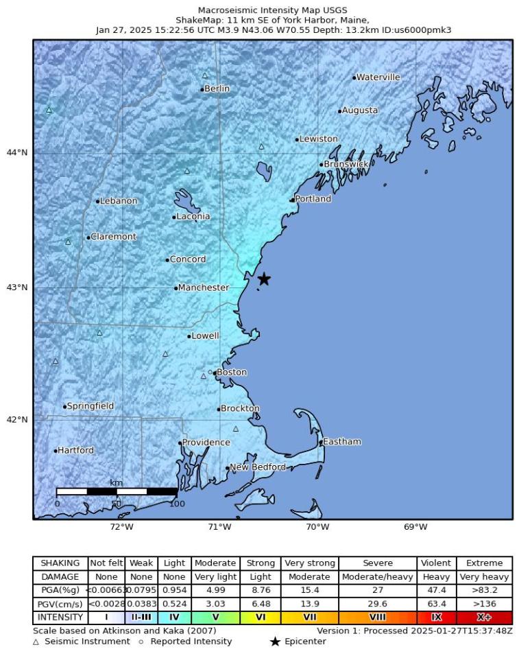 Map showing macroseismic intensity from an M3.9 earthquake near York Harbor, Maine.