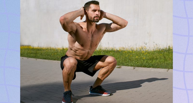 fit, muscular man doing bodyweight squats outdoors