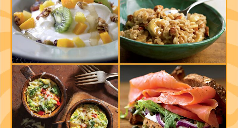 collage of four healthy easy breakfast ideas yogurt oatmeal eggs salmon
