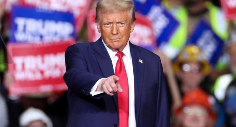 Donald Trump pointing at the camera during a campaign rally.