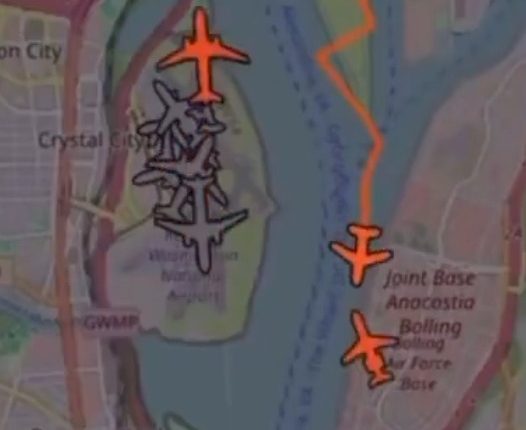 Screenshot of a map showing airplane icons near Joint Base Anacostia-Bolling.