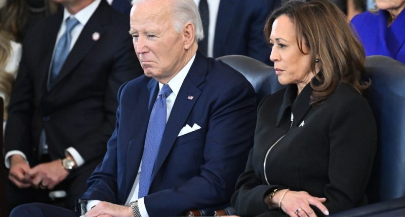 WASHINGTON, DC - JANUARY 20: U.S. President Joe Biden and Vice President Kamala Harris attend the inauguration ceremony of Donald Trumpin the U.S. Capitol Rotunda on January 20, 2025 in Washington, DC. Donald Trump takes office for his second term as the 47th president of the United States. (Photo by Saul Loeb - Pool/Getty Images)