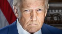 Portrait of Donald Trump in a blue suit, with a serious expression.