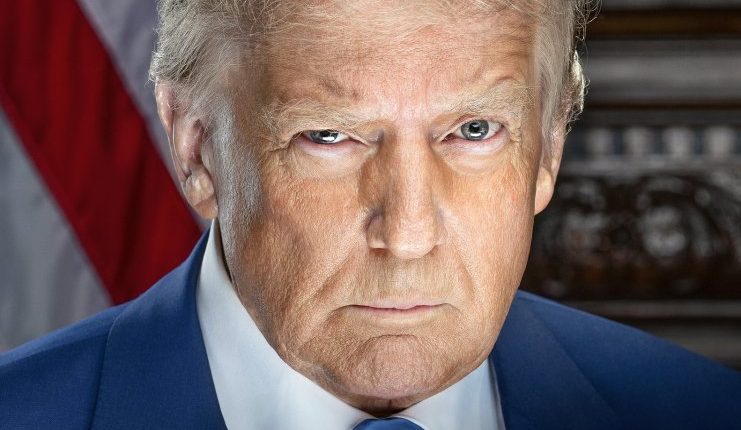 Portrait of Donald Trump in a blue suit, with a serious expression.