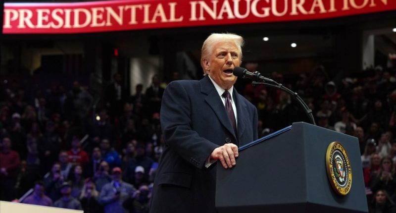 President Donald Trump speaking at a Presidential Inauguration parade.