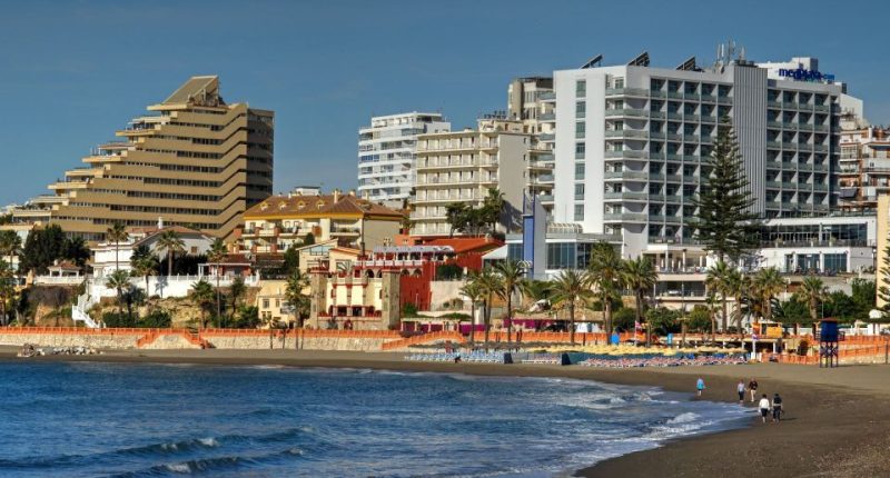 Beachfront hotels and buildings in Malaga, Andalusia.