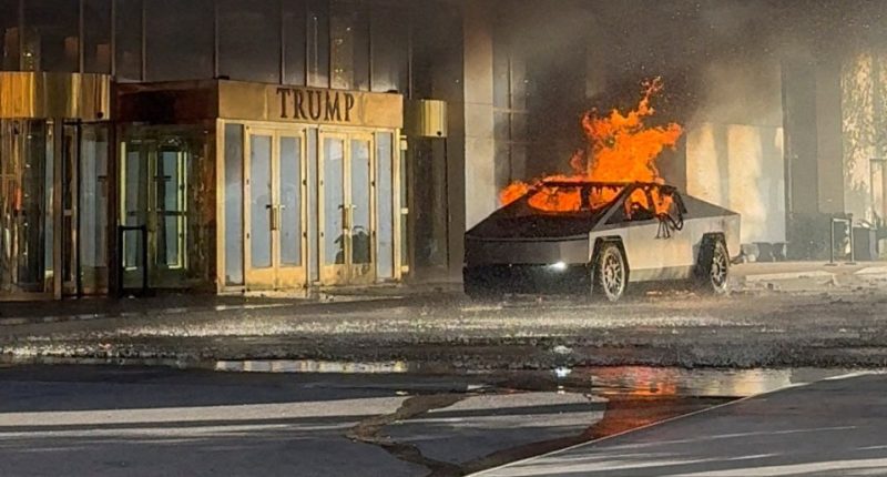 Burning Tesla Cybertruck outside Trump International Hotel.