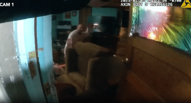 Bodycam footage of a man assaulting two people.