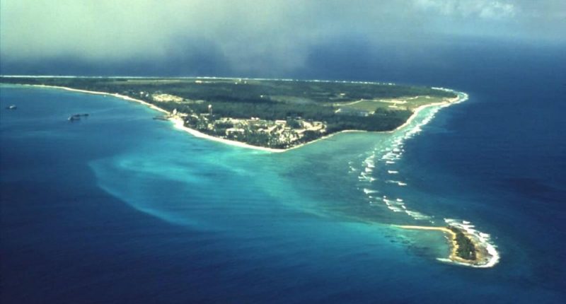 Aerial view of Diego Garcia island in the British Indian Ocean Territory.