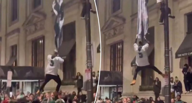 Eagles fan's attempt to fly fails during NFC Championship celebrations