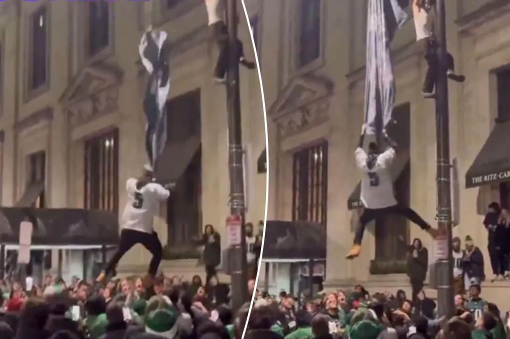 Eagles fan's attempt to fly fails during NFC Championship celebrations