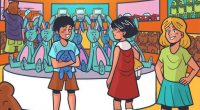 Illustration of children in a toy store looking at stuffed animals.