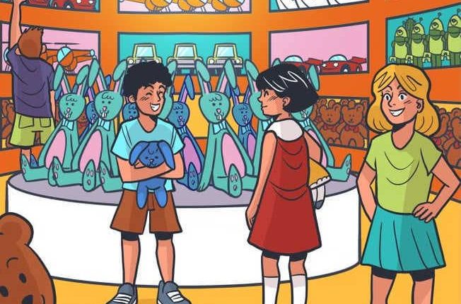Illustration of children in a toy store looking at stuffed animals.
