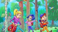Illustration of three children hiking in a forest during a rainstorm.