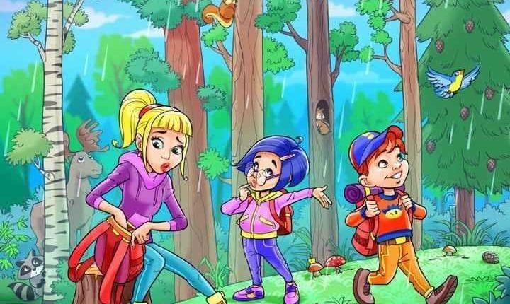 Illustration of three children hiking in a forest during a rainstorm.