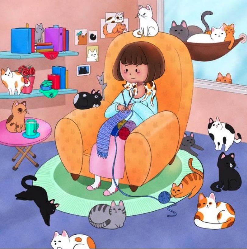 Illustration of a girl knitting in a chair surrounded by many cats.