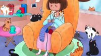 Illustration of a girl knitting in a chair surrounded by many cats.