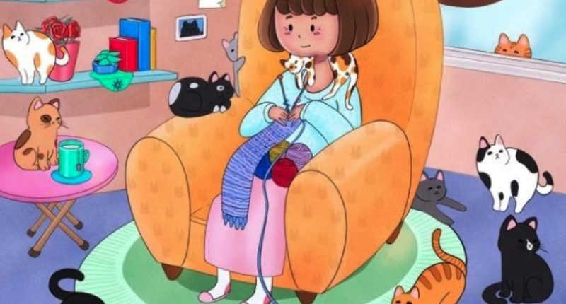 Illustration of a girl knitting in a chair surrounded by many cats.
