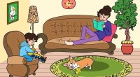 Illustration of a family relaxing at home; a woman reads a book on a couch, a child plays with a toy train, and a dog plays with a ball on a rug.  The word "carpet" is hidden in the rug's design.