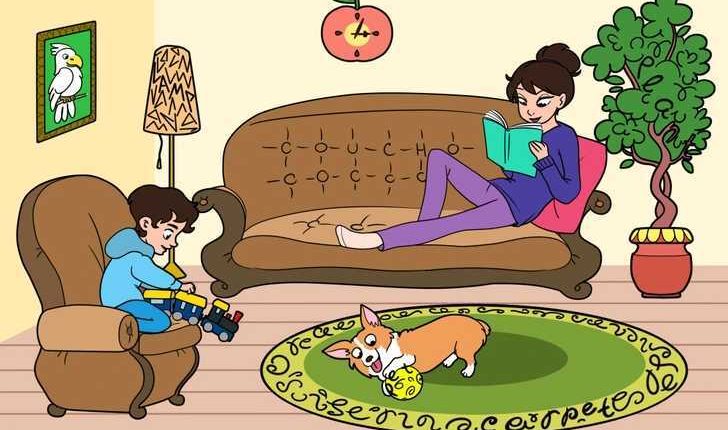 Illustration of a family relaxing at home; a woman reads a book on a couch, a child plays with a toy train, and a dog plays with a ball on a rug.  The word "carpet" is hidden in the rug's design.