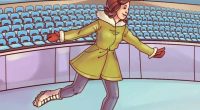 Illustration of a woman ice skating in an arena.